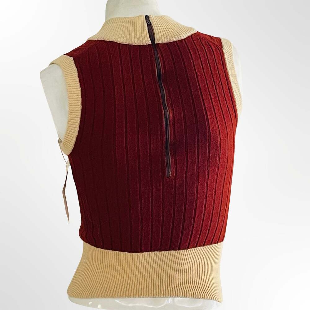 Vintage 1970s 100% Pure Wool Cable Knit V-Neck Sweater Vest Red Cream - Picture 3 of 7